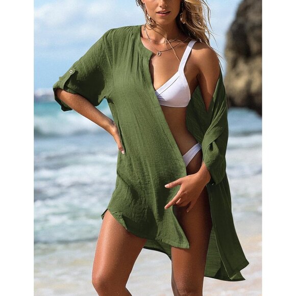 Women Green 100% Polyester V-Neck Button Down Bathing Swimsuit Cover Beach Shirt - Picture 2 of 5